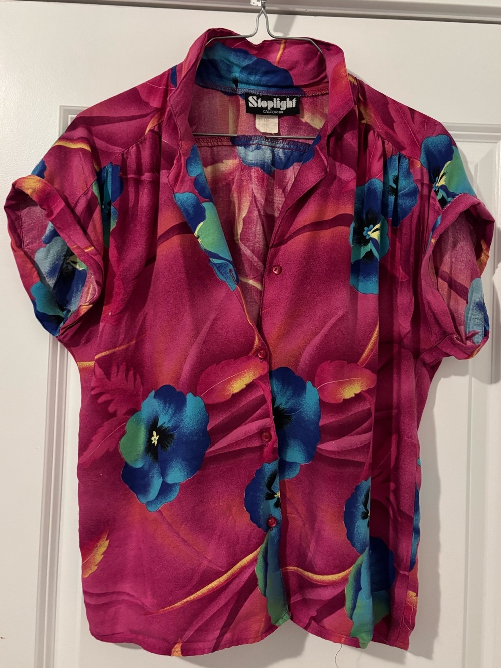Vintage Stoplight California Pink Tropical Hawaiian Floral Button Shirt Blouse